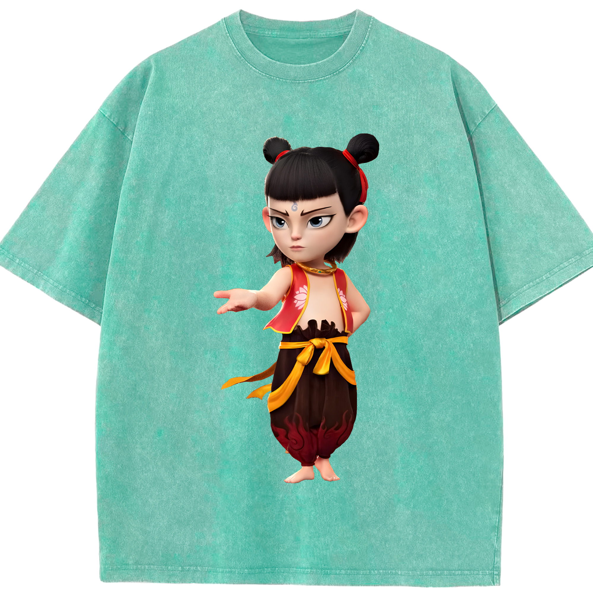 （画像用） Ne Zha 2 ナタ 魔童の大暴れ 綿100% ヴィンテージ風 半袖Tシャツ（フロントプリント）